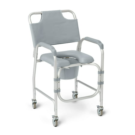 Medline Aluminum Padded Shower Chair Commode with 4 Locking Casters  300 Lbs. Weight Capacity