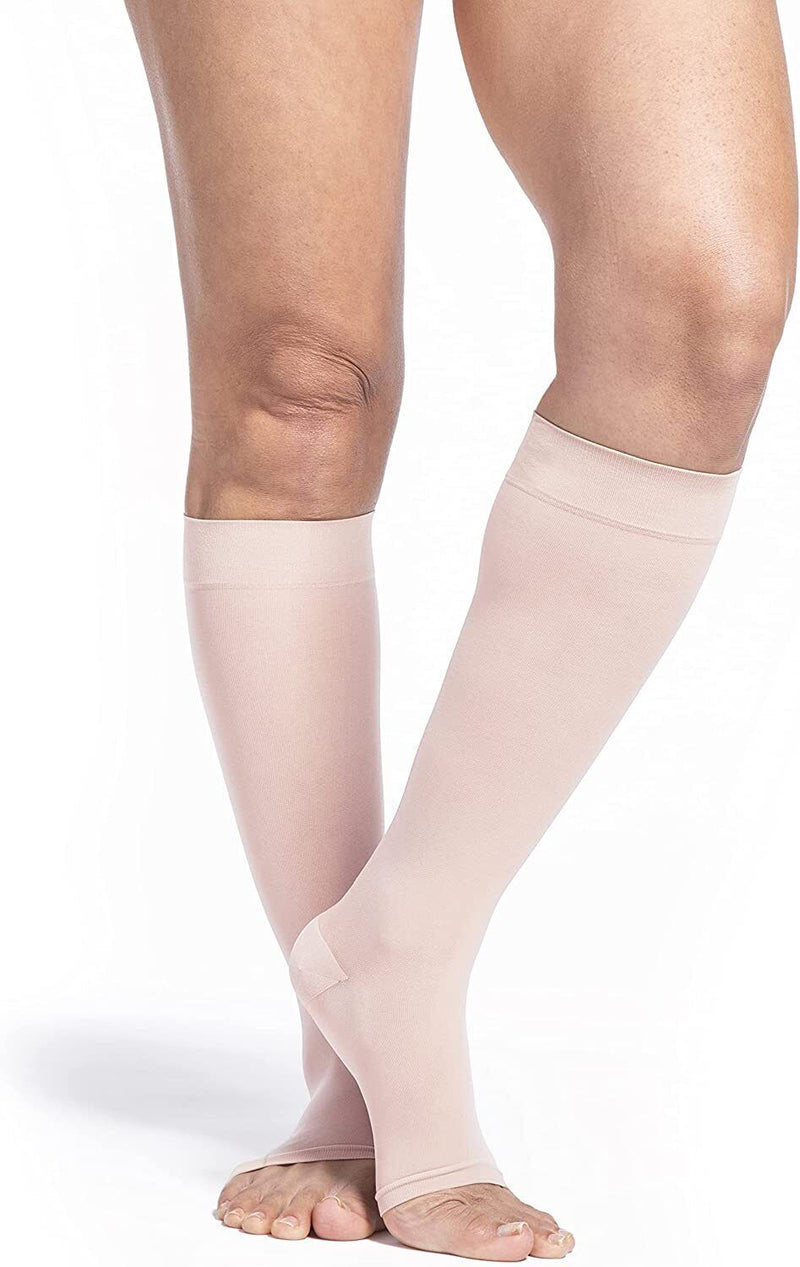 Sigvaris Style Sheer Women's Calf Compression Stockings, Open Toe, Warm Sand, Small Short
