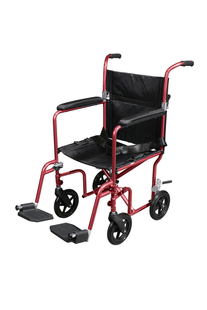 Fly-Weight Aluminum Transport Chair with Removable Casters, Red Frame and Black Upholstery