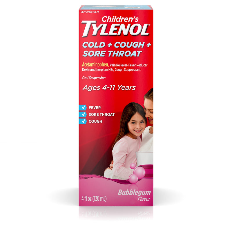 Tylenol Children's Cold + Cough + Sore Throat Oral Suspension, Bubble Gum, 4 fl oz