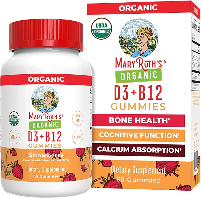 Mary Ruth's Organic's Vitamin D3 B12 Gummies | USDA Organic | 2 Month Supply | Vitamin D & B12 Vitamin Supplements for Adults & Kids | Bone Health | Healthy Energy Levels | Non-GMO | 60 Servings