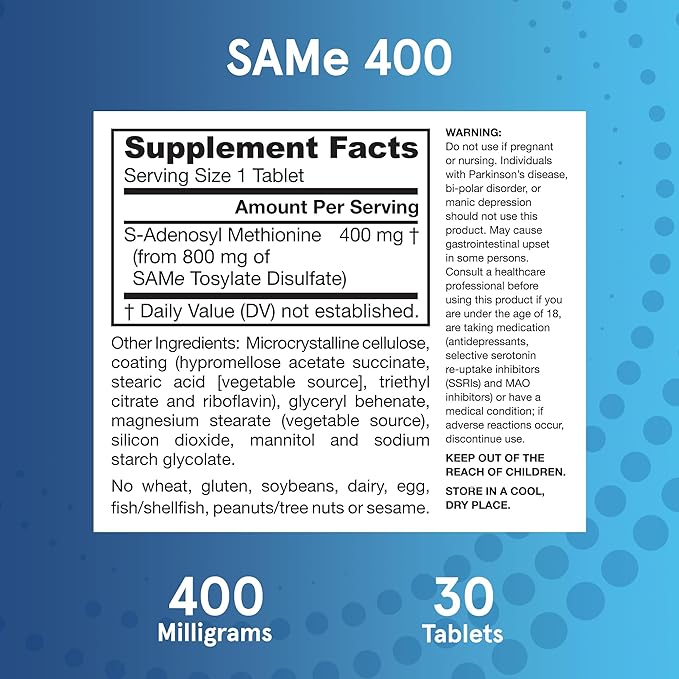 Jarrow Formulas SAM-e, Promotes Joint Strength, Mood and Brain Function 30 Tablets