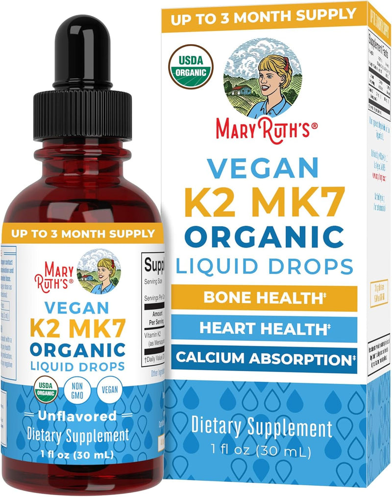 Mary Ruth's Organics USDA Organic Vitamin K2 MCT Liquid Drops for Adults & Kids | 100 mcg K2 MK7 per serving + Organic MCT Oil | Vegan K2 Vitamin for Bone Health | Heart Health | Calcium Absorption | 1oz