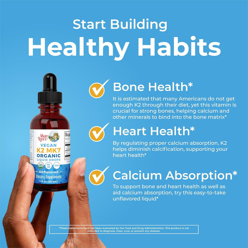 Mary Ruth's Organics USDA Organic Vitamin K2 MCT Liquid Drops for Adults & Kids | 100 mcg K2 MK7 per serving + Organic MCT Oil | Vegan K2 Vitamin for Bone Health | Heart Health | Calcium Absorption | 1oz