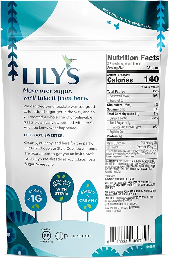 Lily's Milk Chocolate Covered Almonds 40% Cocoa Sugar Free 3.5oz