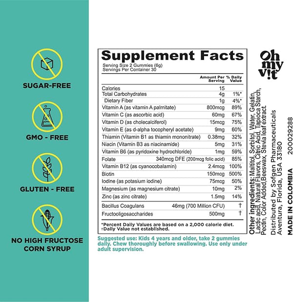 Oh, mi Vit Multivitamin para niños con probióticos con azúcar gomitas sin azúcar 60ct