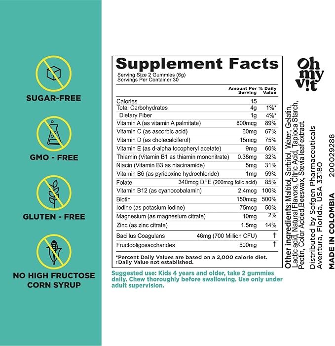 Oh, mi Vit Multivitamin para niños con probióticos con azúcar gomitas sin azúcar 60ct