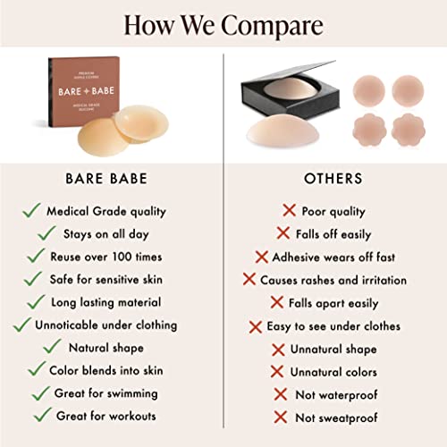Bare Babe Reusable Silicone Nipple Covers - Waterproof, Nude, 4 Shades - Sticky Breast Stickers for Strapless Dress (Creme)