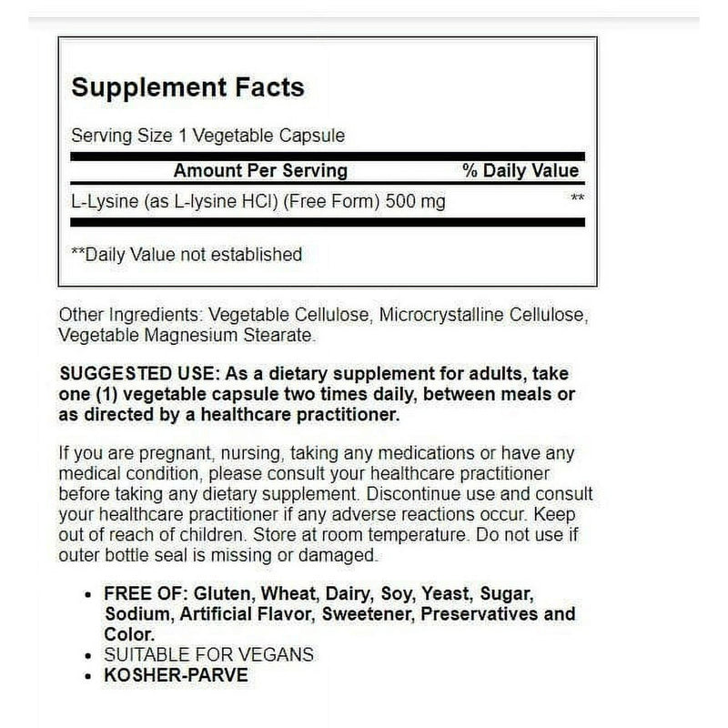 Solgar L-Lysine 500mg Vegetable Capsules 100ct