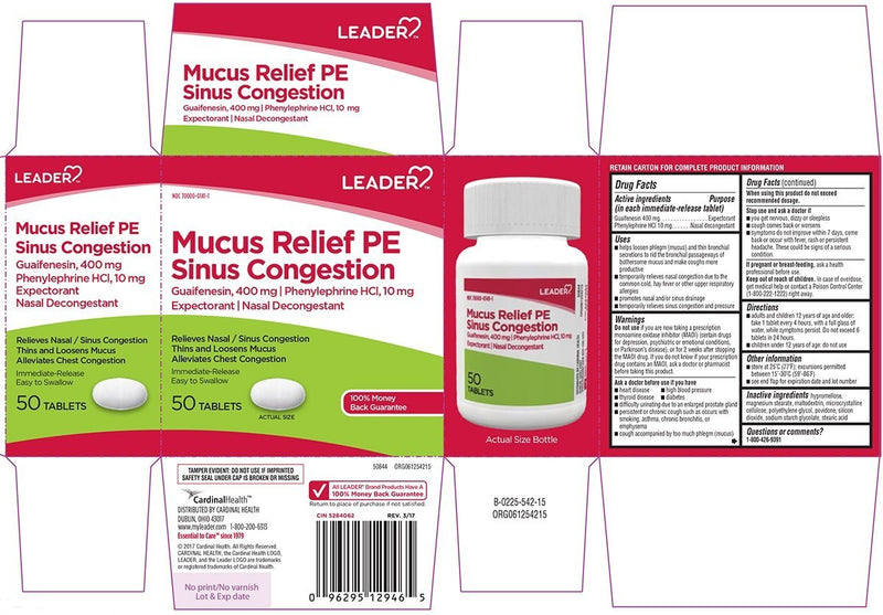 Leader Mucus Relief PE Sinus Congestion  50 Tablets per Box