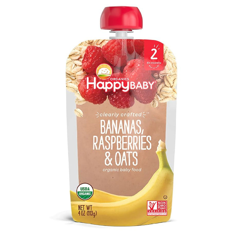 Happybaby claramente elaborada plátanos orgánicos, frambuesas y avena 4oz