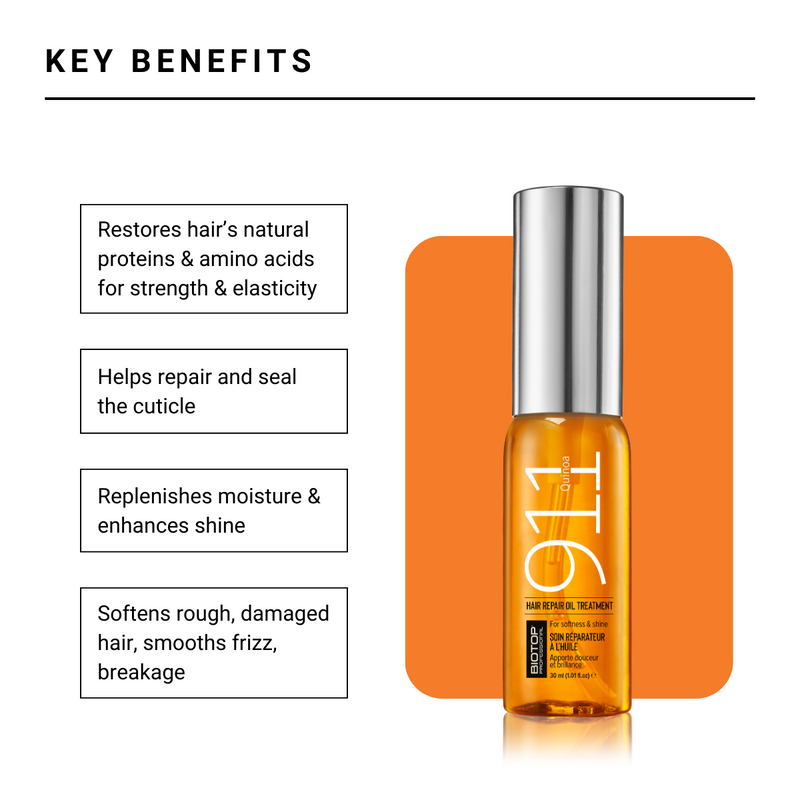 Biotop Professional 911 Quinoa Hair Repair Oil - Heat Protectant + Deep Conditioning Treatment - Ampoules for Damaged, Frizzy Hair (1.01 fl oz/30ml)