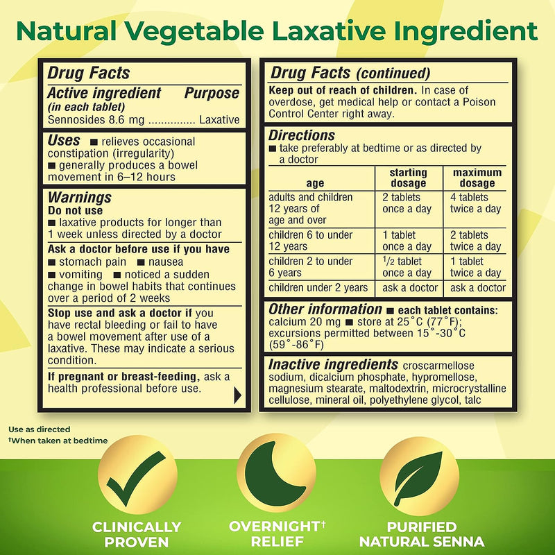 Tabletas de laxantes vegetales de Senokot 8.6mg 100ct