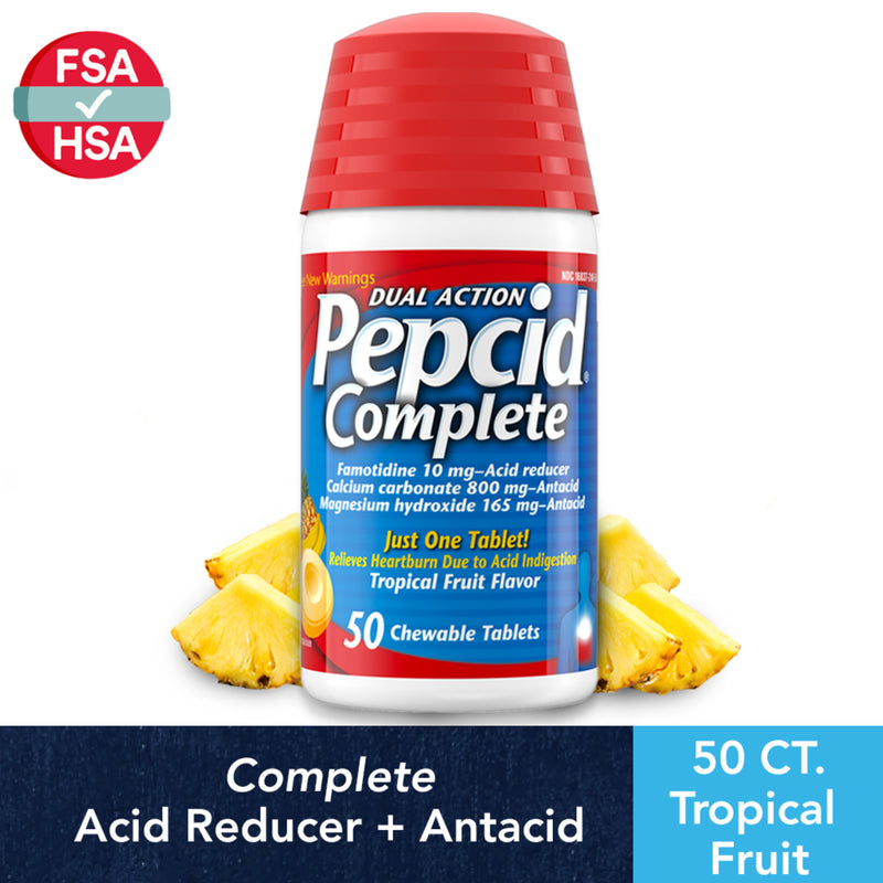 Pepcid Complete Acid Reducer + Antacid Chewable Tablets, Tropical Fruit, 50 ct