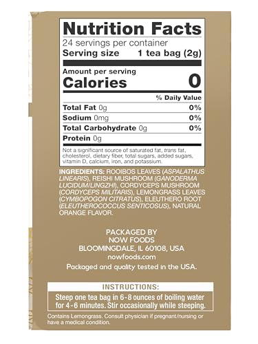 Now Foods, Rooibos Reishi Mushroom Tea, Caffeine Free, 24 Tea Bags, 1.7 Oz (48 G)