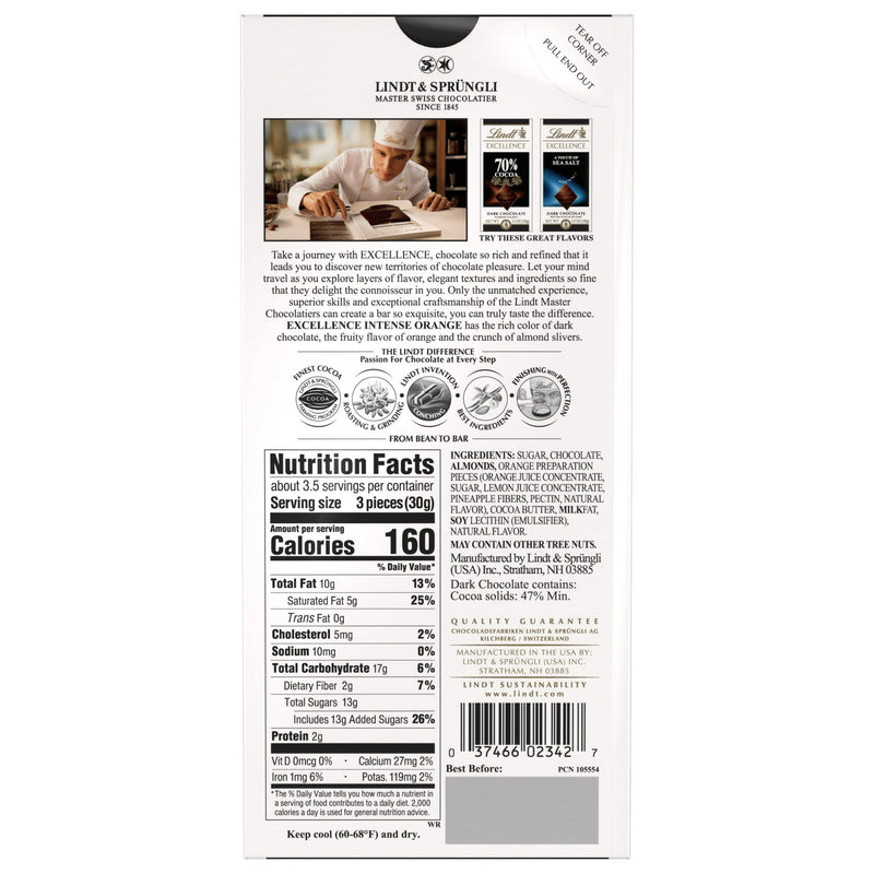 Lindt Excellence Intense Orange Dark Chocolate 3.5oz