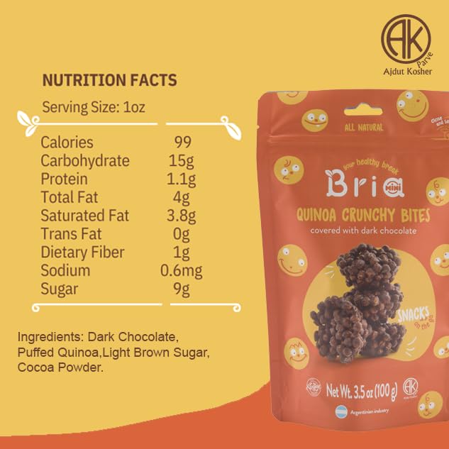 Bria bocadillos galletas de quinua infladas | Cookies kosher | Bocadillos saludables y deliciosos todas las 3.5 onzas naturales (chocolate negro para niños