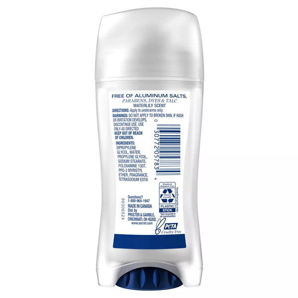 SECRET ALUMINUM FREE CLEAR WATERLILY DEODORANT 2.4 Oz