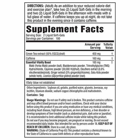 Applied Nutrition Green Tea Fat Burner, Maximum Strength with 400 mg EGCG, Fast-Acting, 200 Liquid Soft-Gels
