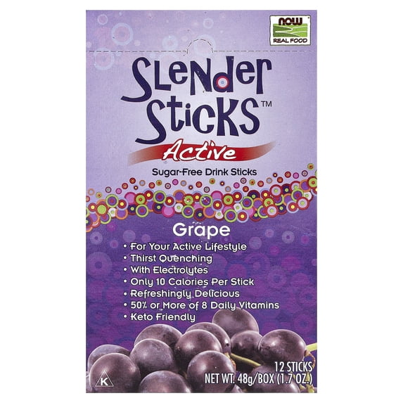 Now Foods Slender Sticks Active Grape Sugar-Free Drink Sticks with Electrolytes, 12 ct