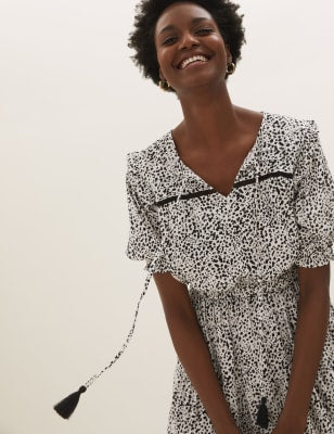 Marks & Spencer Printed Tie Neck Midaxi Waisted Dress - Ivory Mix - US 16