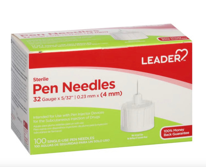 Leader Sterile 32 Gauge 4 mm Pen Needles 100ct