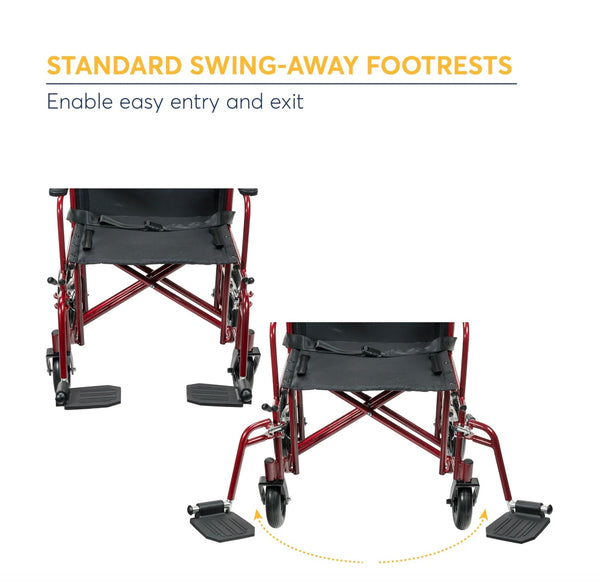 Drive Medical Bariatric Transport Chair with 12 Inches Rear Flat Free Wheels, Red, 22 Inches