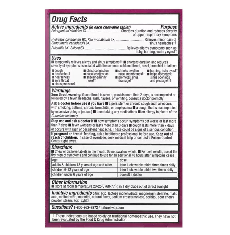 Nature's Way umcka alergia y seno masticables tabletas