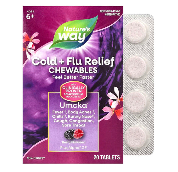 Umcka, Cold + Flu Relief Chewables, Ages 6+, Berry, 20 Chewables Tablets
