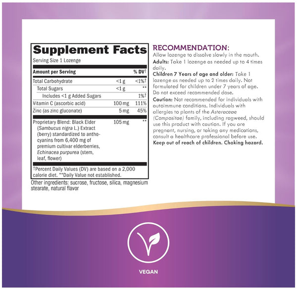 Natures Way Sambucus Immune Standardized Elderberry + Echinacea + Zinc + Vitamin C 30 Lozenges