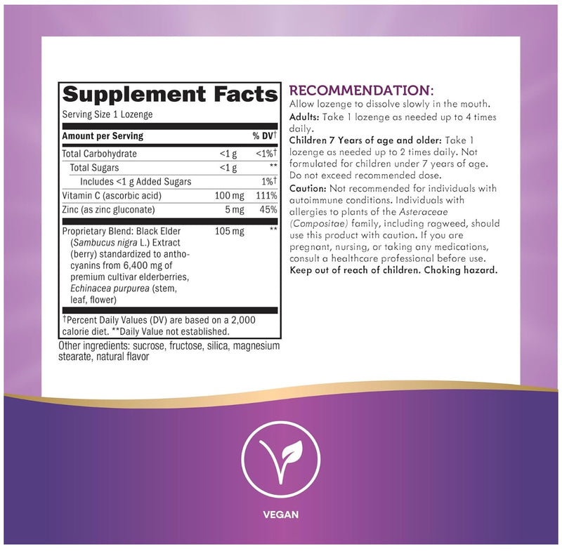 Natures Way Sambucus Immune Standardized Elderberry + Echinacea + Zinc + Vitamin C 30 Lozenges