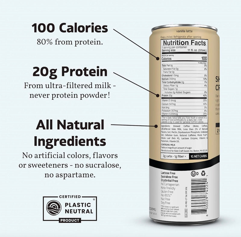 Slate Milk High Protein Vanilla Latte Lactose Free 20g Protein 11oz