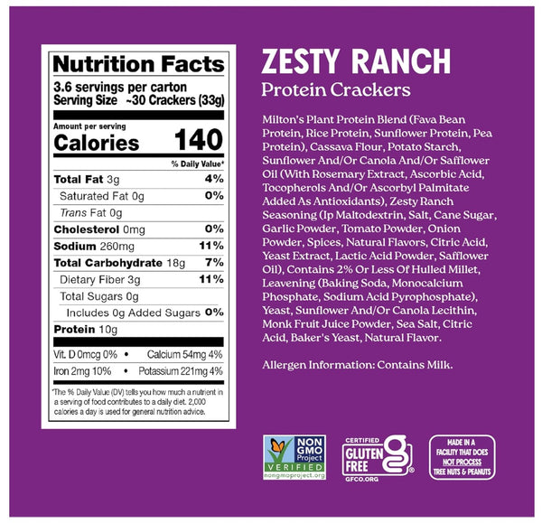 Milton’s Plant-Based Protein Crackers Zesty Ranch, 120g