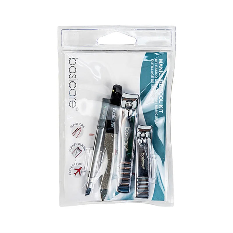Basicare Stainless Steel Manicure Tool Kit with Clippers, Tweezers and Nail File, 4 Pc