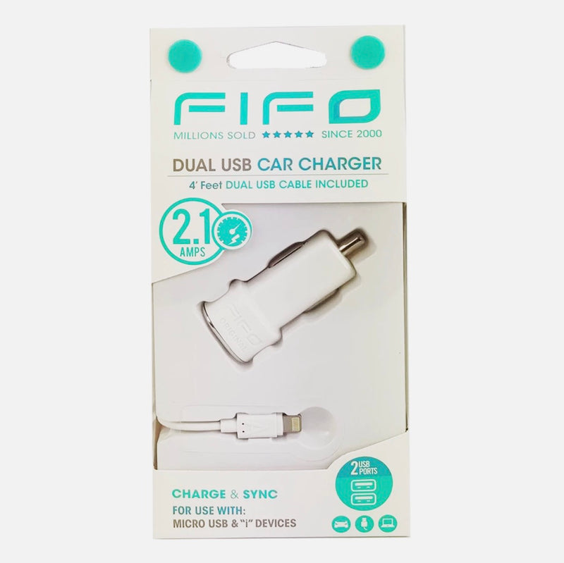 FIFO Dual Port USB Car Charger Adapter, 2.1 Amp, with 4 ft Charge & Sync Cable