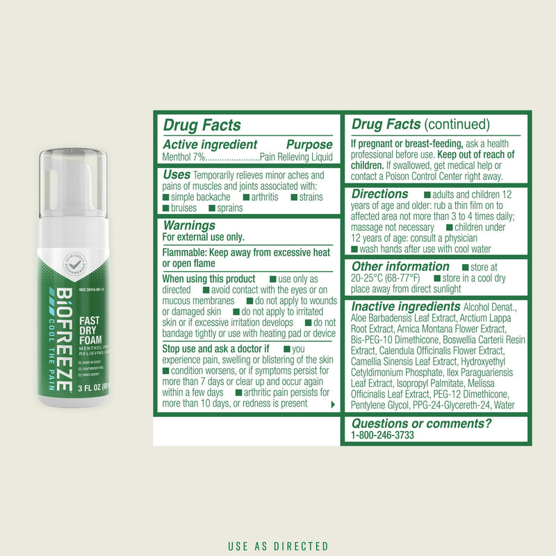Biofreeze enfriar el dolor de espuma seca rápida 3 oz