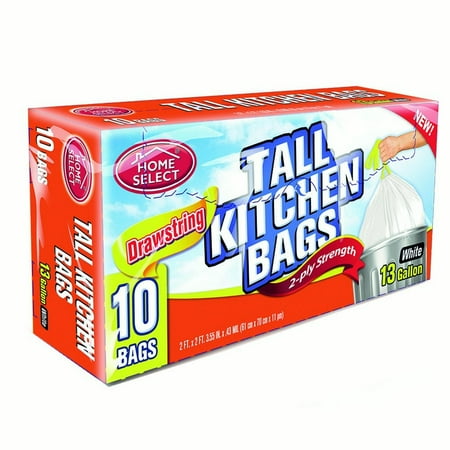 Drawstring Tall Kitchen Trash Bags, White, 13 Gallons, 10-Ct