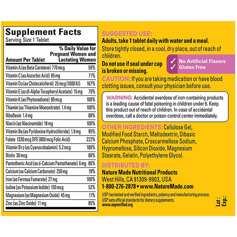 Naturaleza fabricada en tabletas de ácido fólico prenatal 90ct