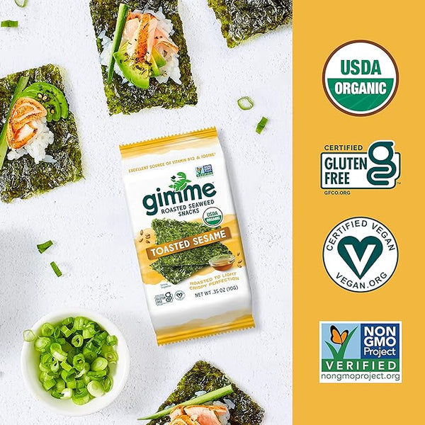 Gimme - Hojas de algas asadas orgánicas - ceto, vegano, sin gluten - Gran fuente de yodo y bocadillos saludables para niños y adultos para niños y adultos