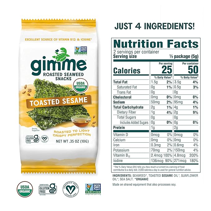 Gimme - Hojas de algas asadas orgánicas - ceto, vegano, sin gluten - Gran fuente de yodo y bocadillos saludables para niños y adultos para niños y adultos