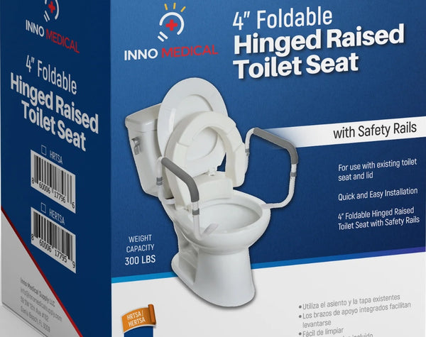 INNO MEDICAL 4" Foldable Hinged Raised Toliet Seat with Handles, Padded Arms