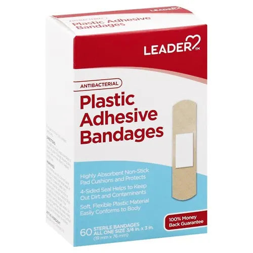 Leader Antibacterial Plastic Bandage 3/4 in x 3 in, 60 ct