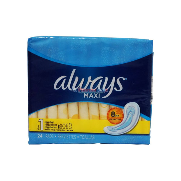 Siempre maxi almohadillas, tamaño 1 absorbencia regular, sin perfume, 24 ct