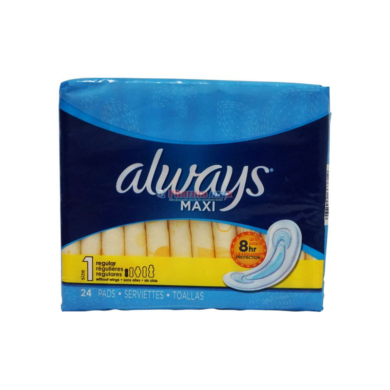 Siempre maxi almohadillas, tamaño 1 absorbencia regular, sin perfume, 24 ct