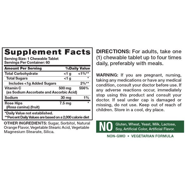 Nature's Truth Chewable C 500mg Plus Wild Rose Hips Orange 60 Tablets