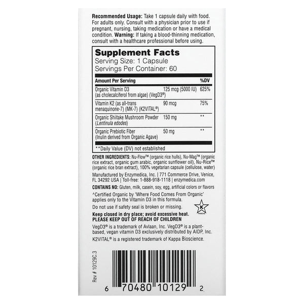 Enzymedica Vegan Organic D3 + Vitamin K2 60 Capsules