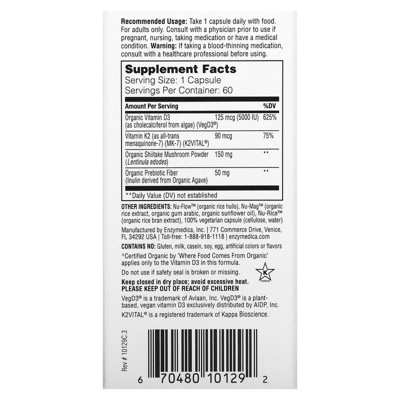 Enzymedica Vegan Orgánica D3 + Vitamina K2 60 Cápsulas