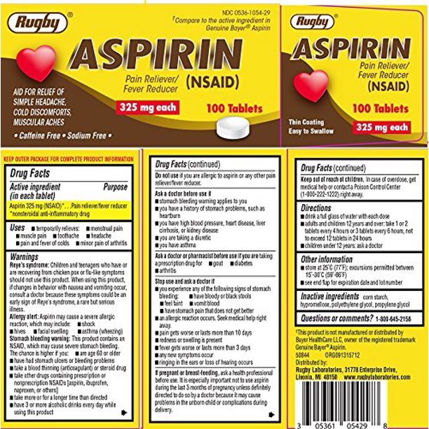 Aspirina de rugby 325 mg 100 tabletas