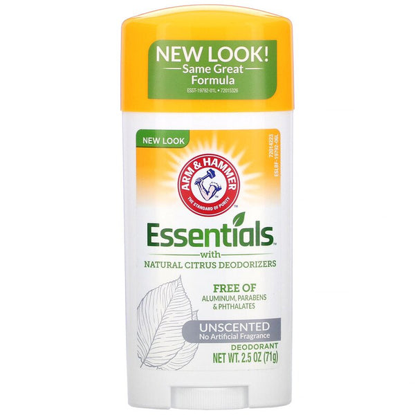 Arm & Hammer Essentials with Natural Citrus Deodorizers, Deodorant, Unscented, 2.5 oz