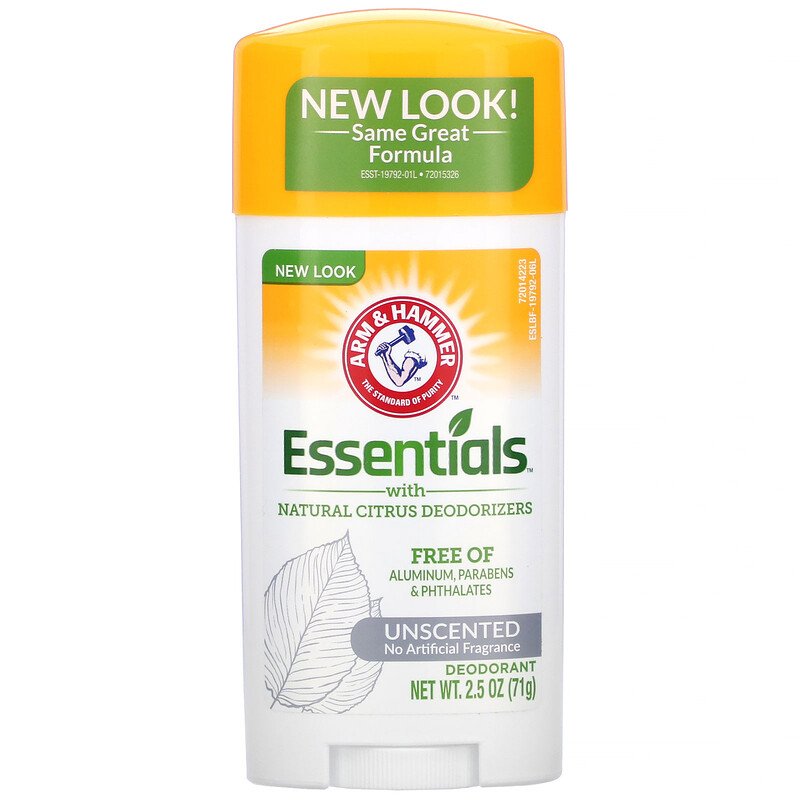 Arm & Hammer Essentials with Natural Citrus Deodorizers, Deodorant, Unscented, 2.5 oz